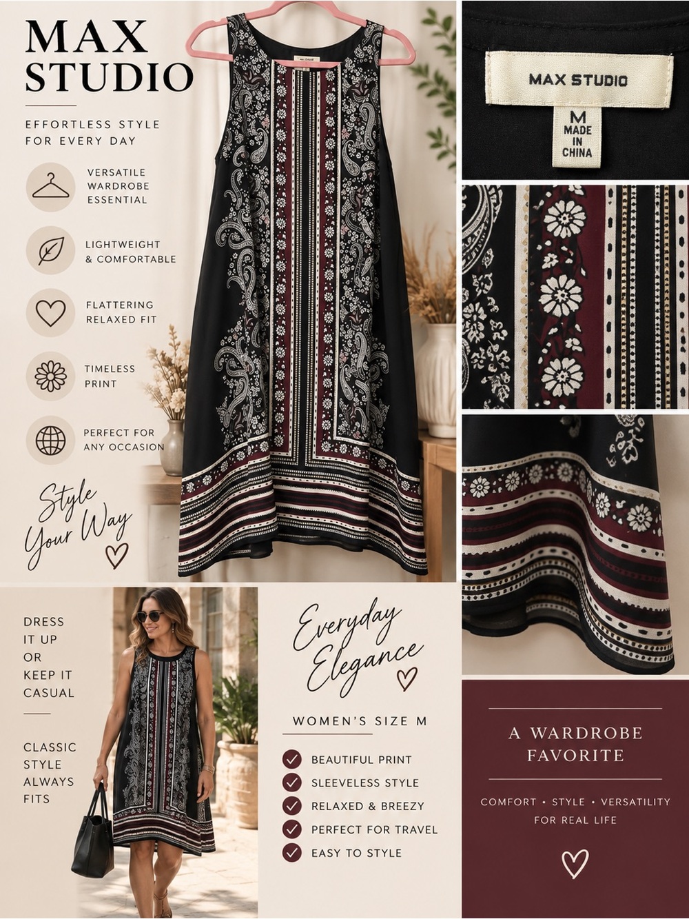 Max Studio Size M Black Paisley Boho Sleeveless Shift Dress Burgundy Midi